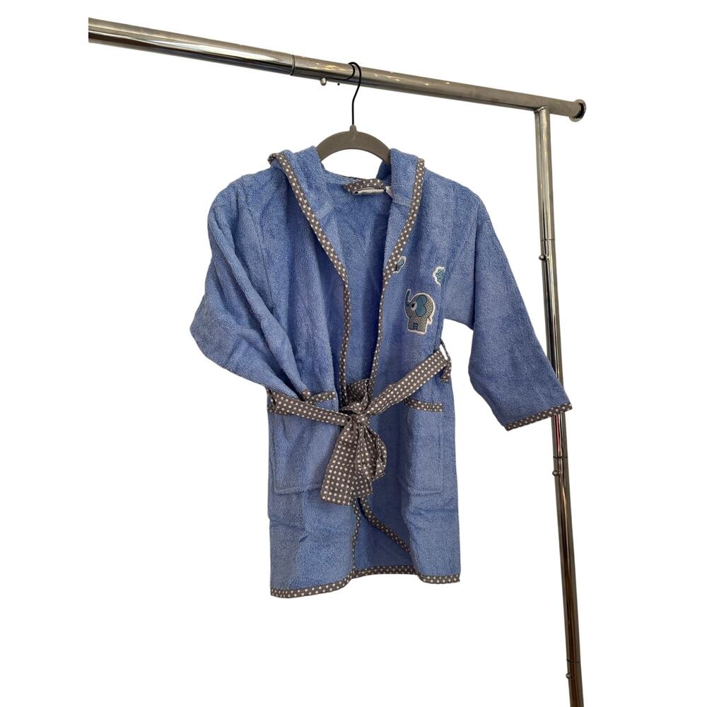 Baby Bathrobe 0-3 Months Blue Hooded Turkish Cotton Robe Elephant Embroidery - Picture 4 of 10